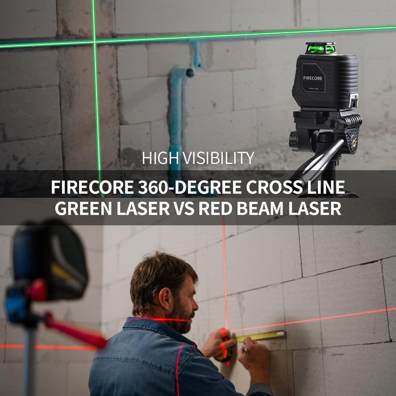 Firecore 360° Laser Level with Tripod, 100Ft Self Leveling Laser Level Green Cross Line Laser Leveler Tool for Picture Hanging Wall Tile Floor Construction, 60" Compact Tripod & Carry Pouch Included - Image 4